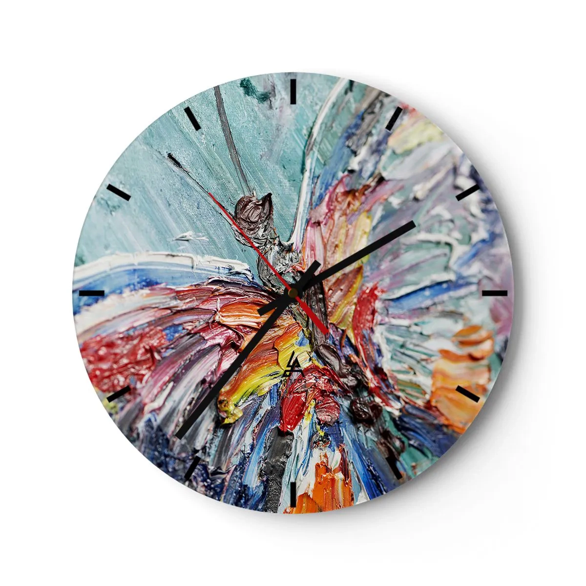 Vægur, Uret - En urskive med et abstrakt sommerfuglemotiv i intense farver. - 30x30cm - Malet af naturen - Moderne vægdekoration til stue, køkken og soveværelse ARTTOR