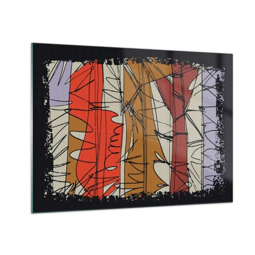 Billede på glas - Grafisk abstraktion med farvede striber og sorte linjer - 70x50cm - Spontan komposition - Moderne vægdekoration til stue og soveværelse ARTTOR