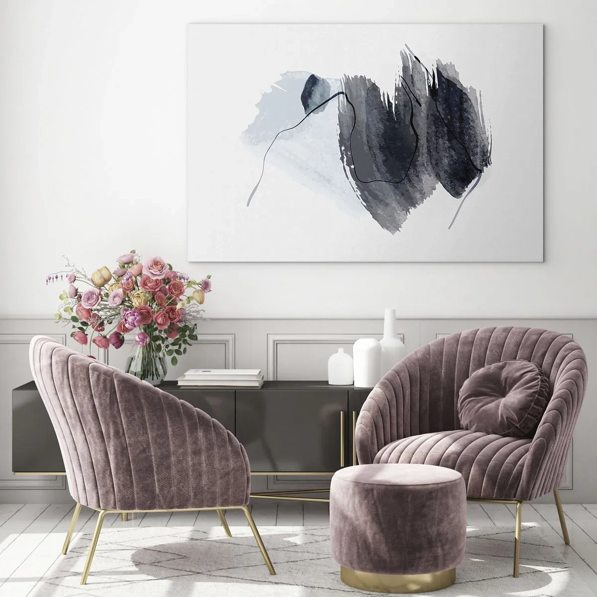 Billede på glas - En abstrakt komposition i nuancer af marineblå og grå - 70x50cm - Intensitet og bevægelse - Moderne vægdekoration til stue og soveværelse ARTTOR