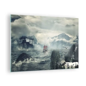 Billede på glas - Et skib på et stormfuldt hav med et slot i baggrunden - 70x50cm - På magiske vande - Moderne vægdekoration til stue og soveværelse ARTTOR
