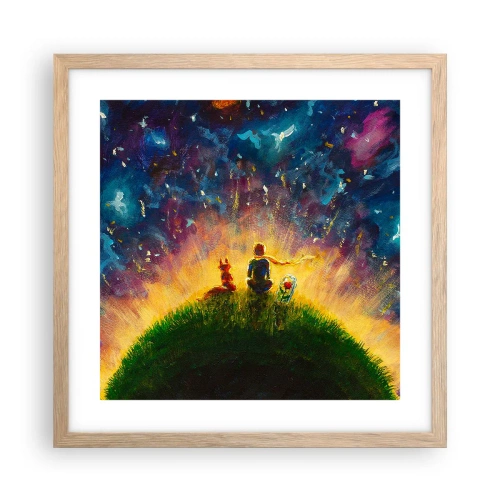 Plakat i ramme af lyst egetræ - Kærlighed og venskab - hele verden - 40x40 cm