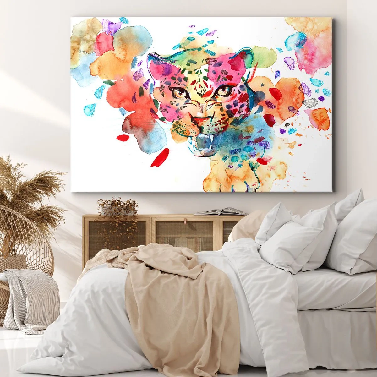 Lærredstryk - Billede på lærred - Abstrakt portræt af en leopard i intense farver - 70x50cm - Skønheden og udyret - Moderne vægdekoration til stue og soveværelse ARTTOR