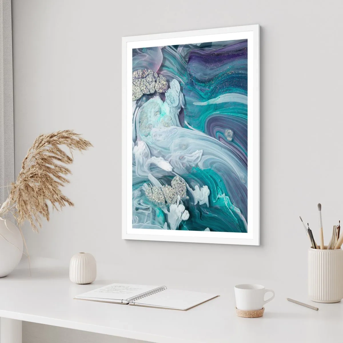 Plakat i hvid ramme - Strømme af blå - 70x100 cm