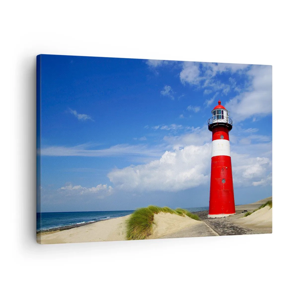 Lærredstryk - Billede på lærred - Rødt fyrtårn på stranden under en blå himmel - 70x50cm - En drøm om ensomhed - Moderne vægdekoration til stue og soveværelse ARTTOR