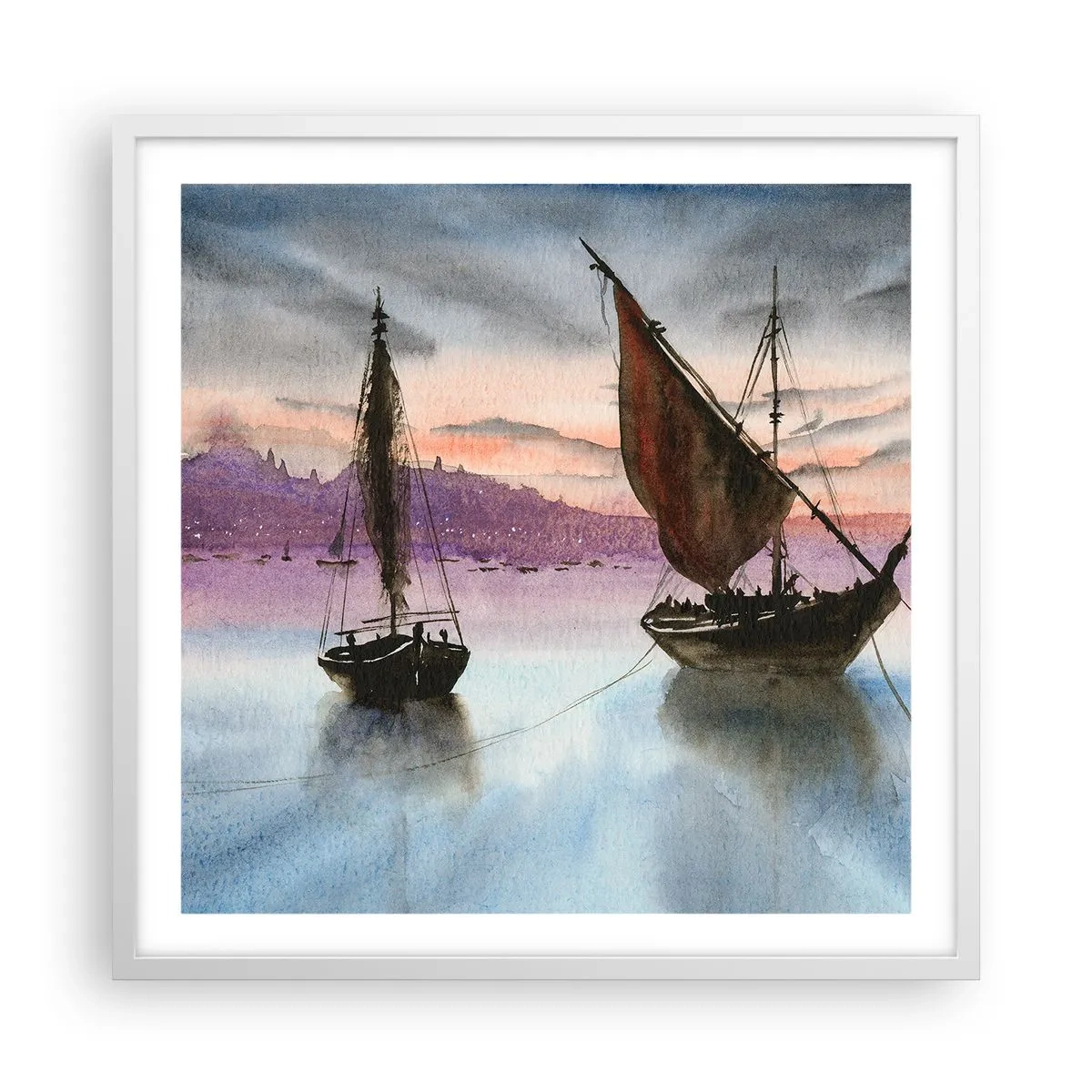 Plakat i hvid ramme - Aften i havnen - 60x60 cm