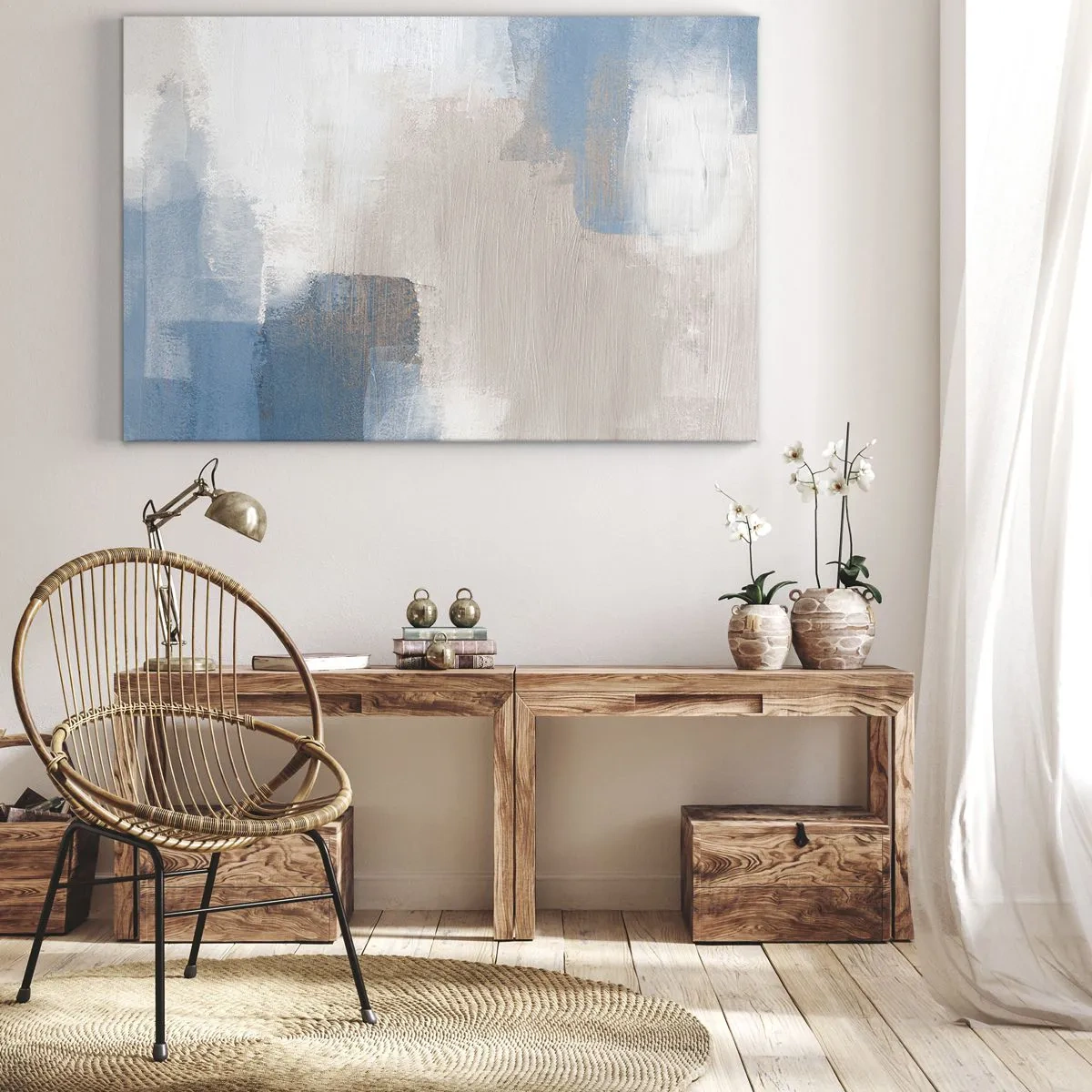 Lærredstryk - Billede på lærred - Abstrakte former i blå og beige nuancer - 70x50cm - Lyserød abstraktion bag et slør af blåt - Moderne vægdekoration til stue og soveværelse ARTTOR