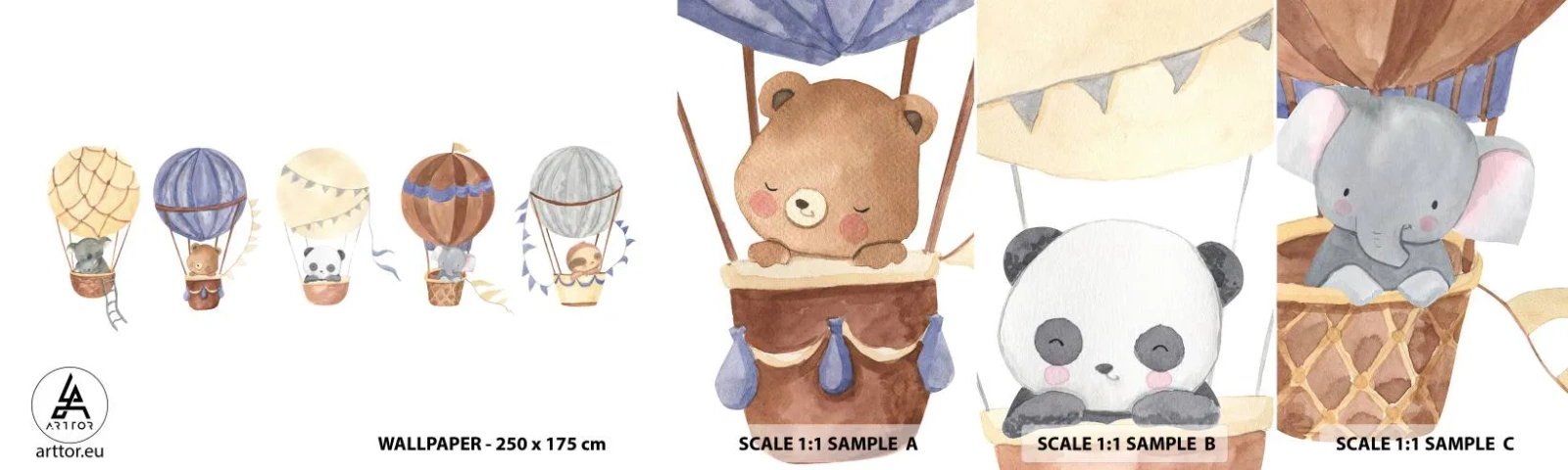 Fototapet Prøve Standard Eco - Venner på farten - Balloner, Dyr, Børns - 100x30 cm