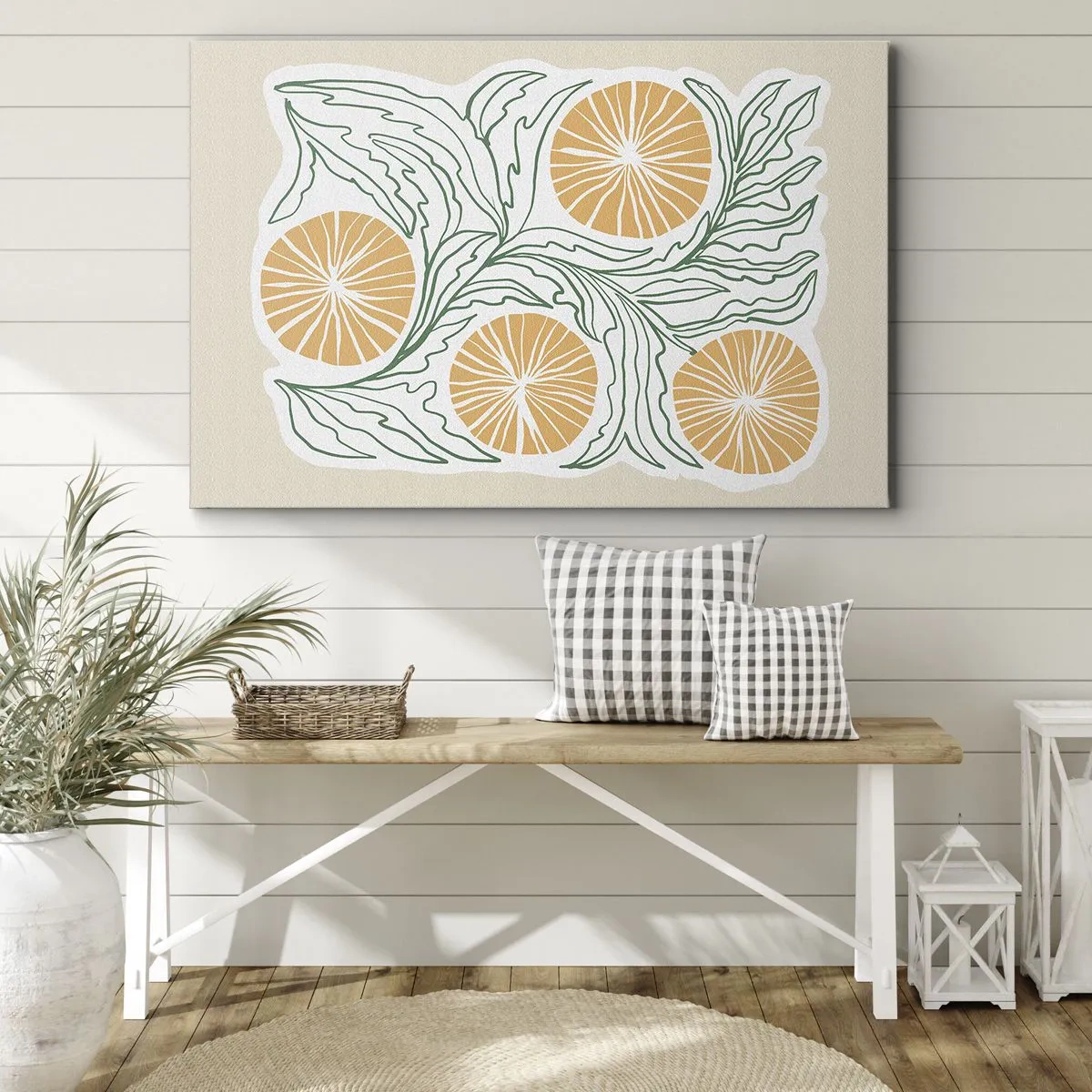 Lærredstryk - Billede på lærred - Et minimalistisk orange motiv med grønne blade - 70x50cm - Etnisk med et strejf af abstraktion - Moderne vægdekoration til stue og soveværelse ARTTOR