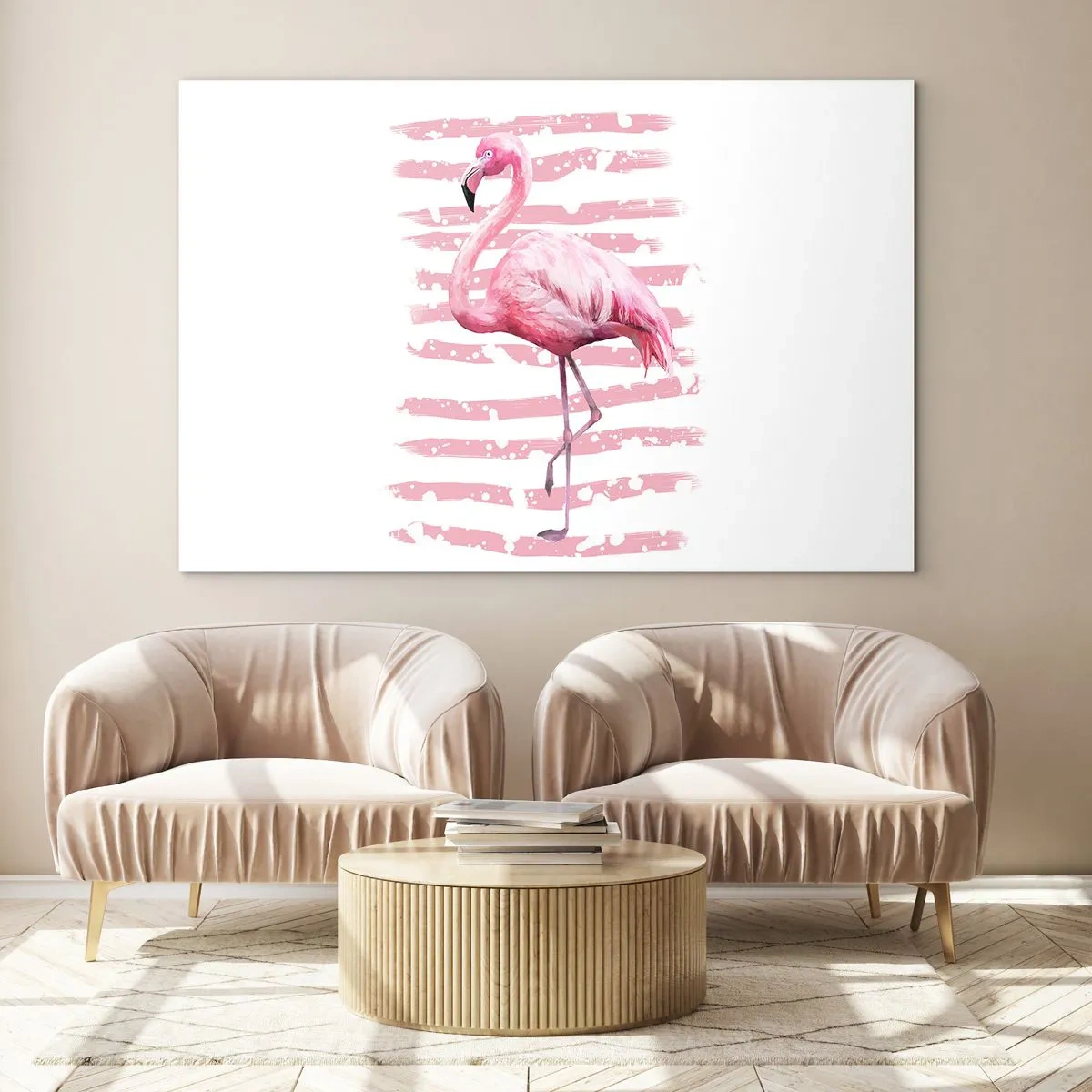 Billede på glas - En lyserød flamingo mod en baggrund af kunstneriske lyserøde striber. - 70x50cm - Med værdighed, om end i pink - Moderne vægdekoration til stue og soveværelse ARTTOR