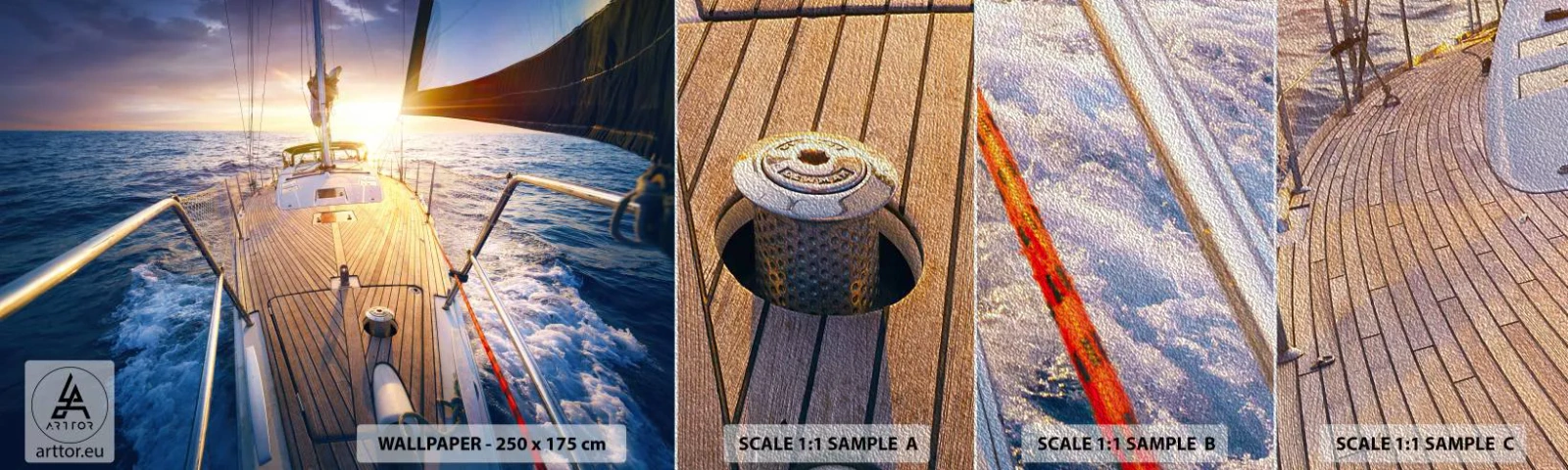 Prøve Fototapet Premium Sand - Løber på bølgerne - Sejlbåd, Hav, sejlads - 100x30 cm