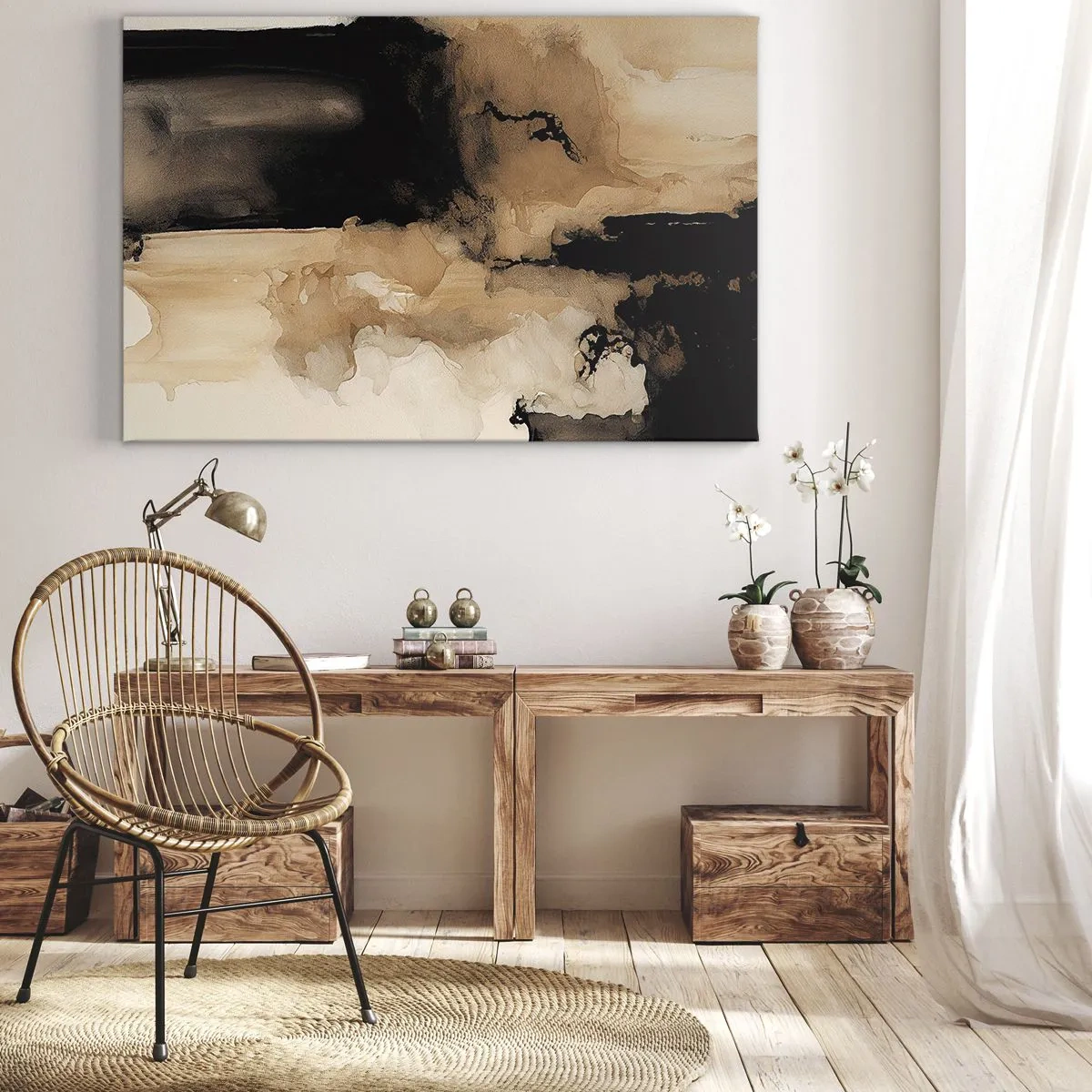 Lærredstryk - Billede på lærred - Abstrakt komposition i nuancer af brunt og sort - 70x50cm - En spændende abstraktion - Moderne vægdekoration til stue og soveværelse ARTTOR