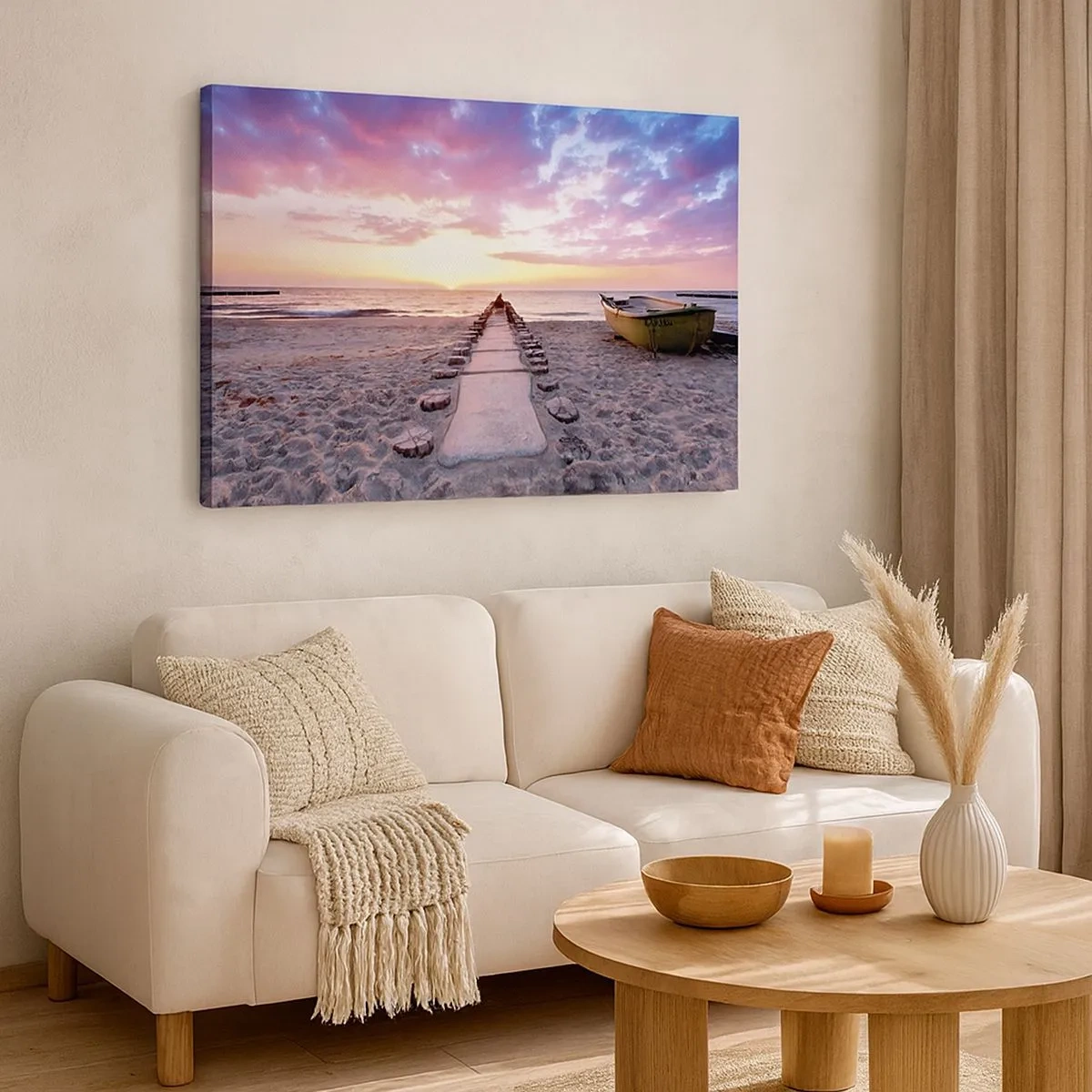 Lærredstryk - Billede på lærred - Solopgangsstrand med båd og mole - 70x50cm - Et øjeblik med en dybtgående oplevelse - Moderne vægdekoration til stue og soveværelse ARTTOR