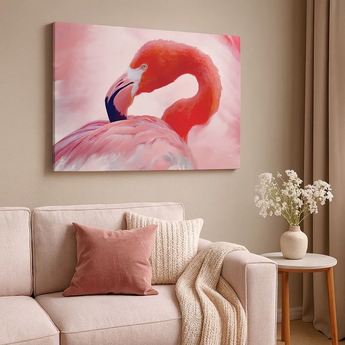 Lærredstryk - Billede på lærred - En flamingo i lyserøde toner på en lys baggrund - 70x50cm - Fugleskønhed - Moderne vægdekoration til stue og soveværelse ARTTOR