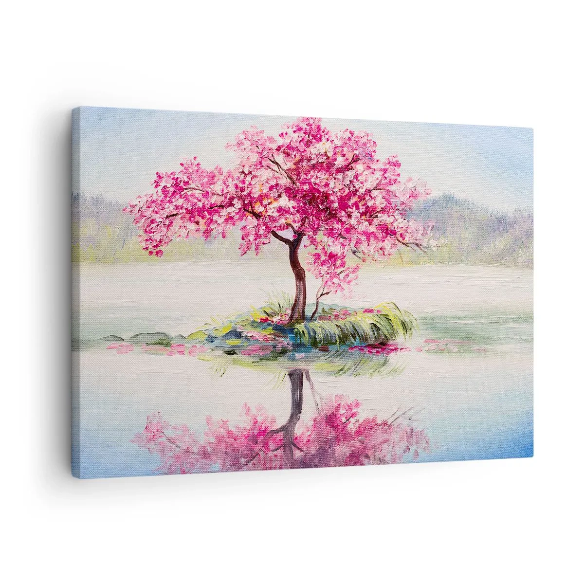 Lærredstryk - Billede på lærred - Et blomstrende træ på stille vand - 70x50cm - Forårsfestival - Moderne vægdekoration til stue og soveværelse ARTTOR