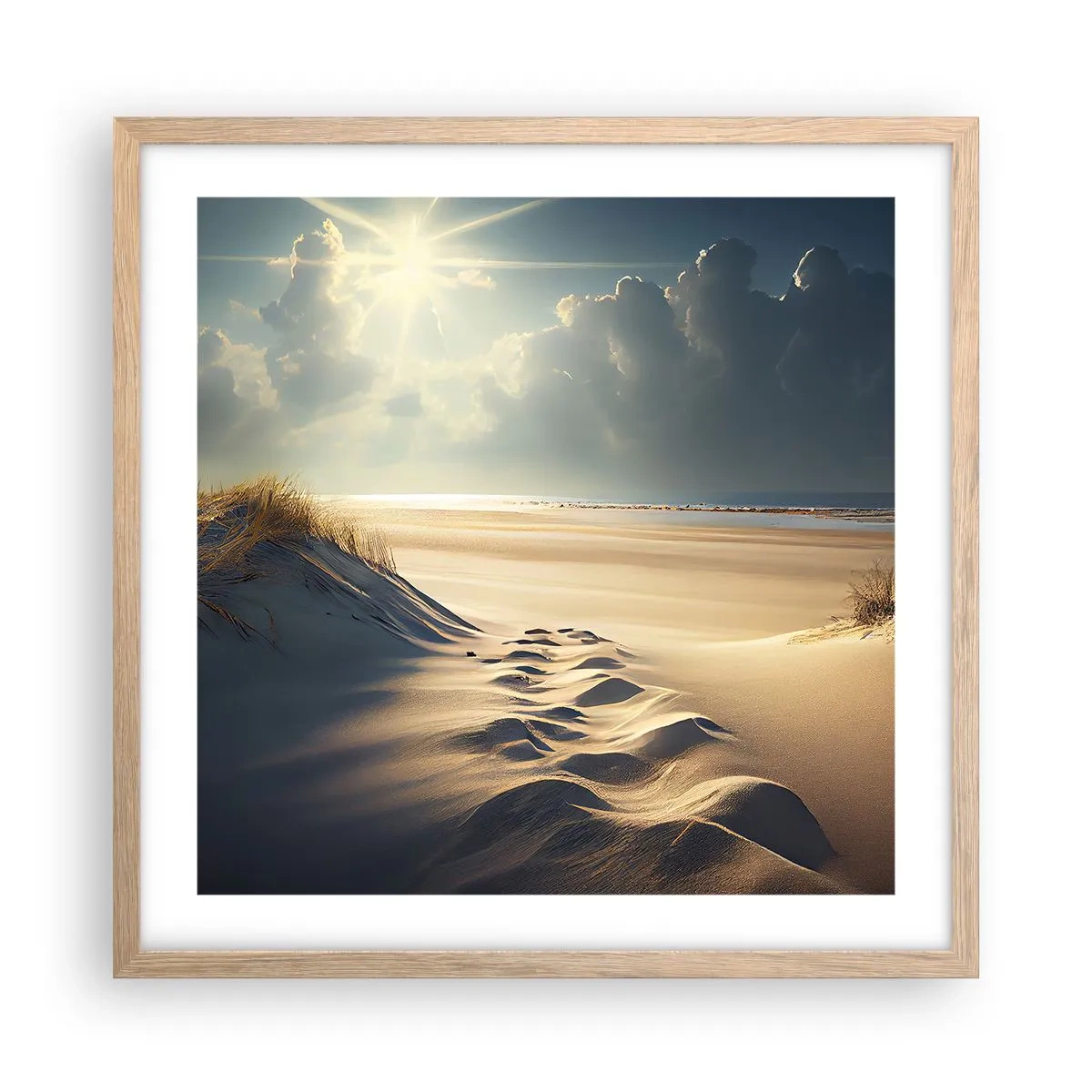 Plakat i ramme af lyst egetræ - Beroligende landskab - 50x50 cm