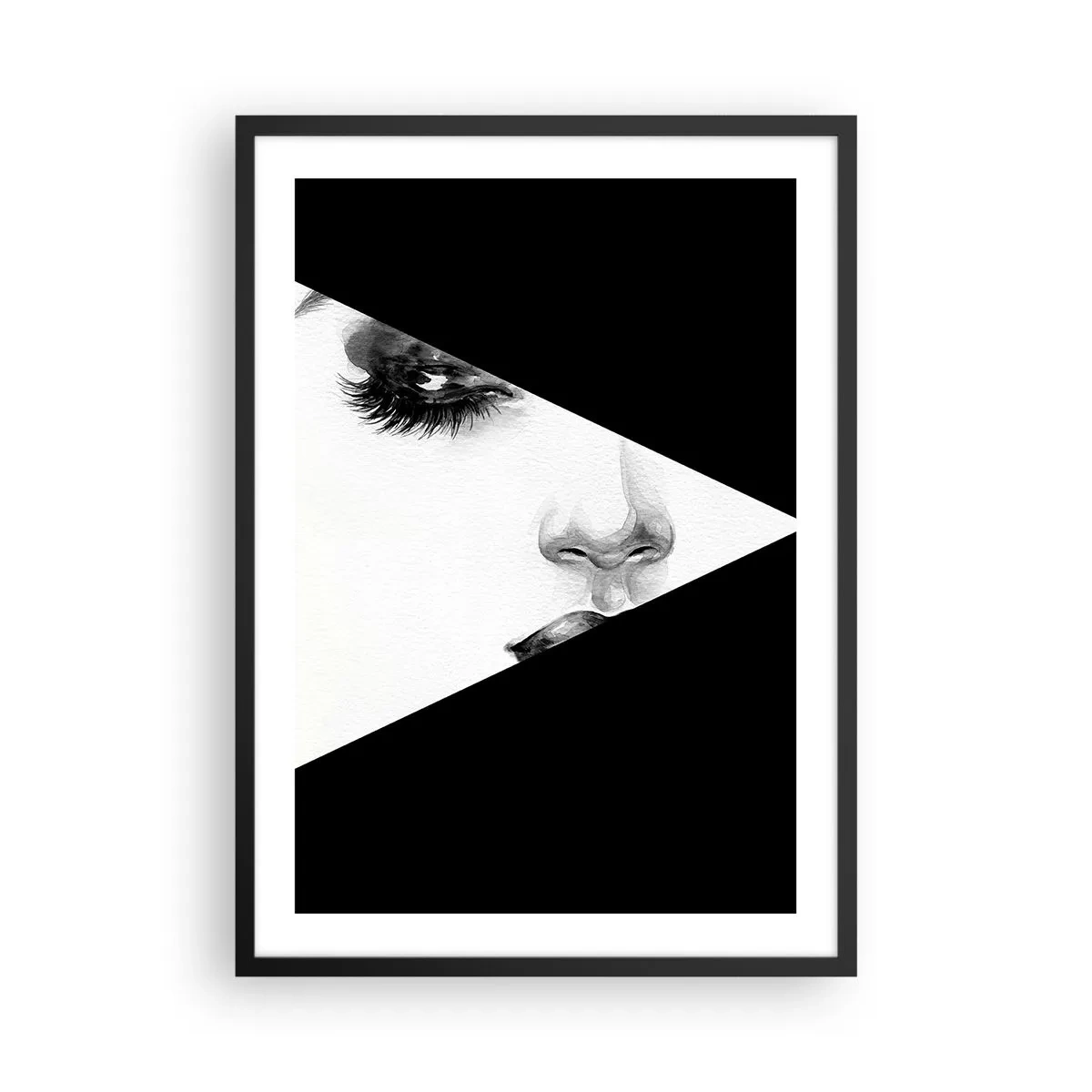 Plakat i sort ramme - Et minimalistisk portræt af en kvinde i sort-hvid med en geometrisk opdeling. - 50x70cm - Altid uopdaget - Moderne vægdekoration til stue og soveværelse ARTTOR