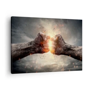 Lærredstryk - Billede på lærred - Knugte næver i en dynamisk brandscene - 70x50cm - Stå op til kamp - Moderne vægdekoration til stue og soveværelse ARTTOR