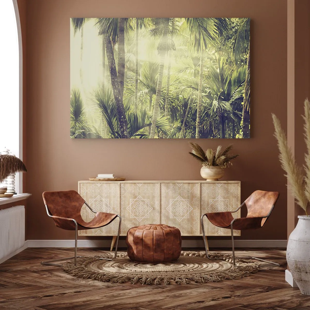 Lærredstryk - Billede på lærred - Solstråler i en tropisk palmeskov - 70x50cm - I grønne gløder - Moderne vægdekoration til stue og soveværelse ARTTOR
