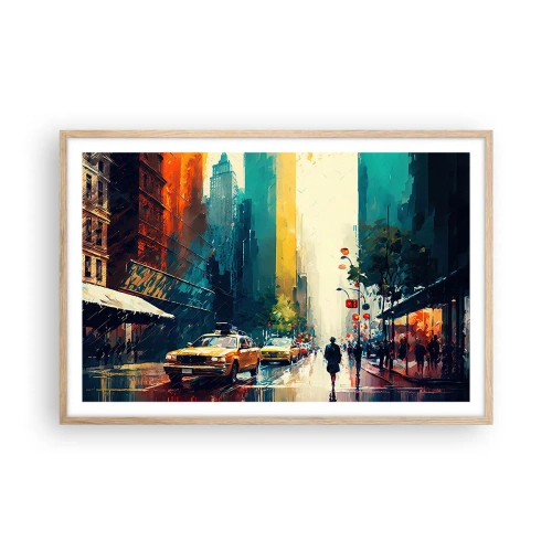 Plakat i ramme af lyst egetræ - New York - her er selv regnen farverig - 91x61 cm