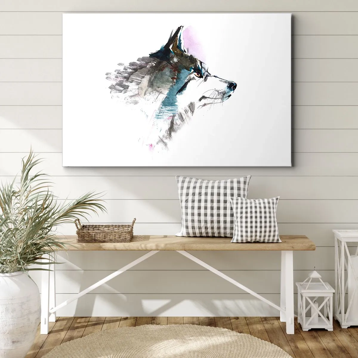 Lærredstryk - Billede på lærred - Akvarel ulv i minimalistisk stil - 70x50cm - Når vi taler om ulven - Moderne vægdekoration til stue og soveværelse ARTTOR