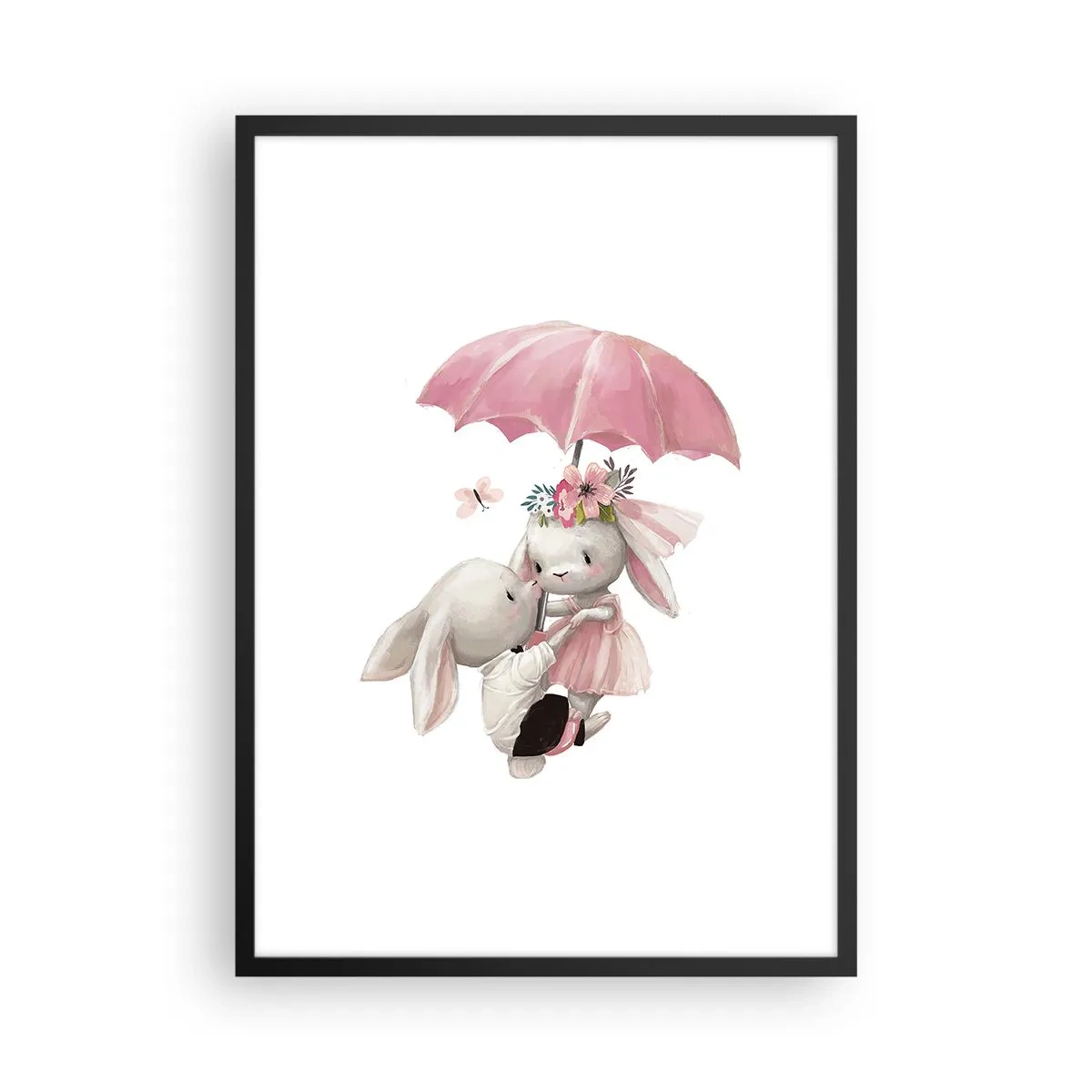 Plakat i sort ramme - Søde kaniner under en lyserød paraply - 50x70cm - Det er kærlighed - Moderne vægdekoration til stue og soveværelse ARTTOR