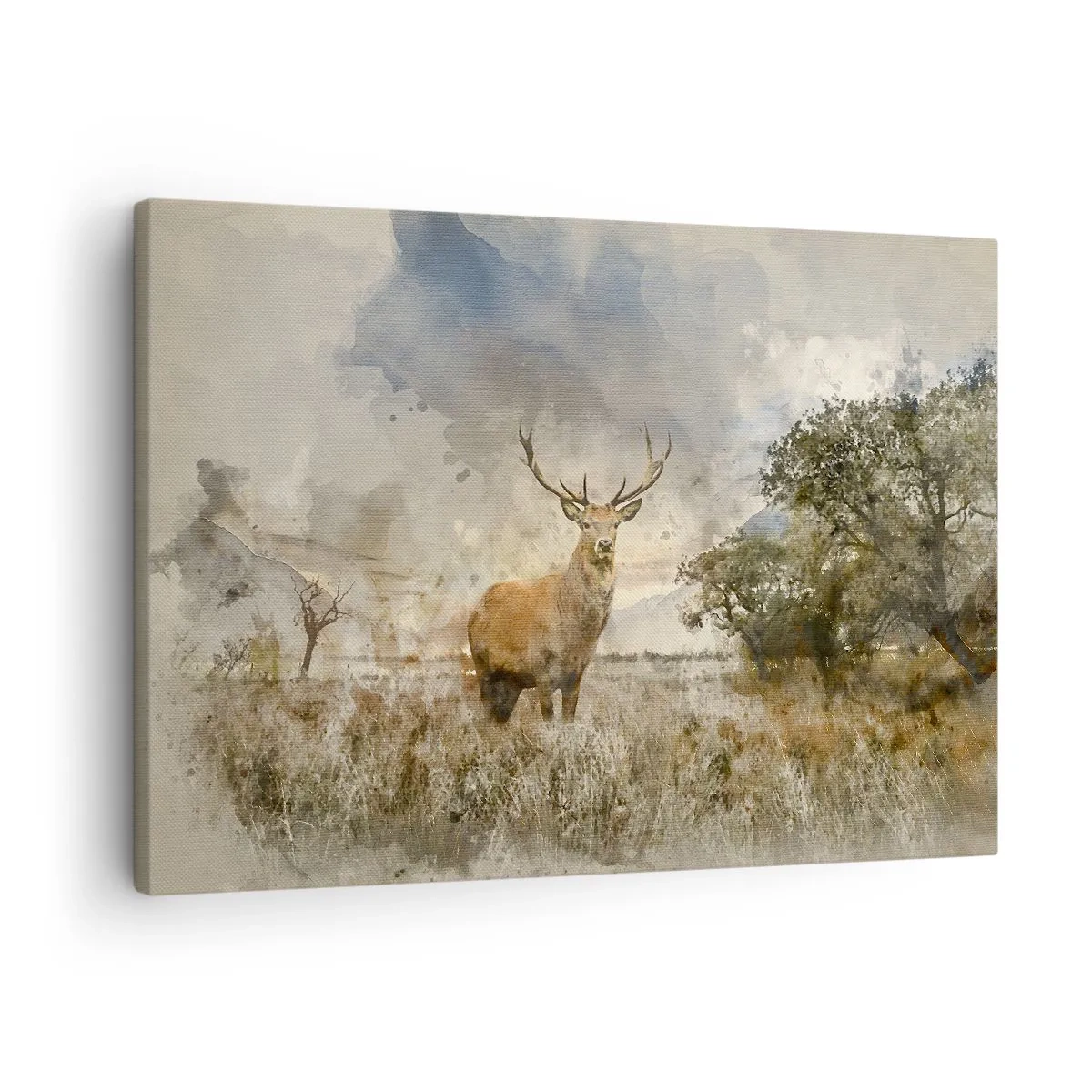 Lærredstryk - Billede på lærred - En hjort i naturlige omgivelser i akvarelstil - 70x50cm - Værdighed - styrke - værdighed - Moderne vægdekoration til stue og soveværelse ARTTOR