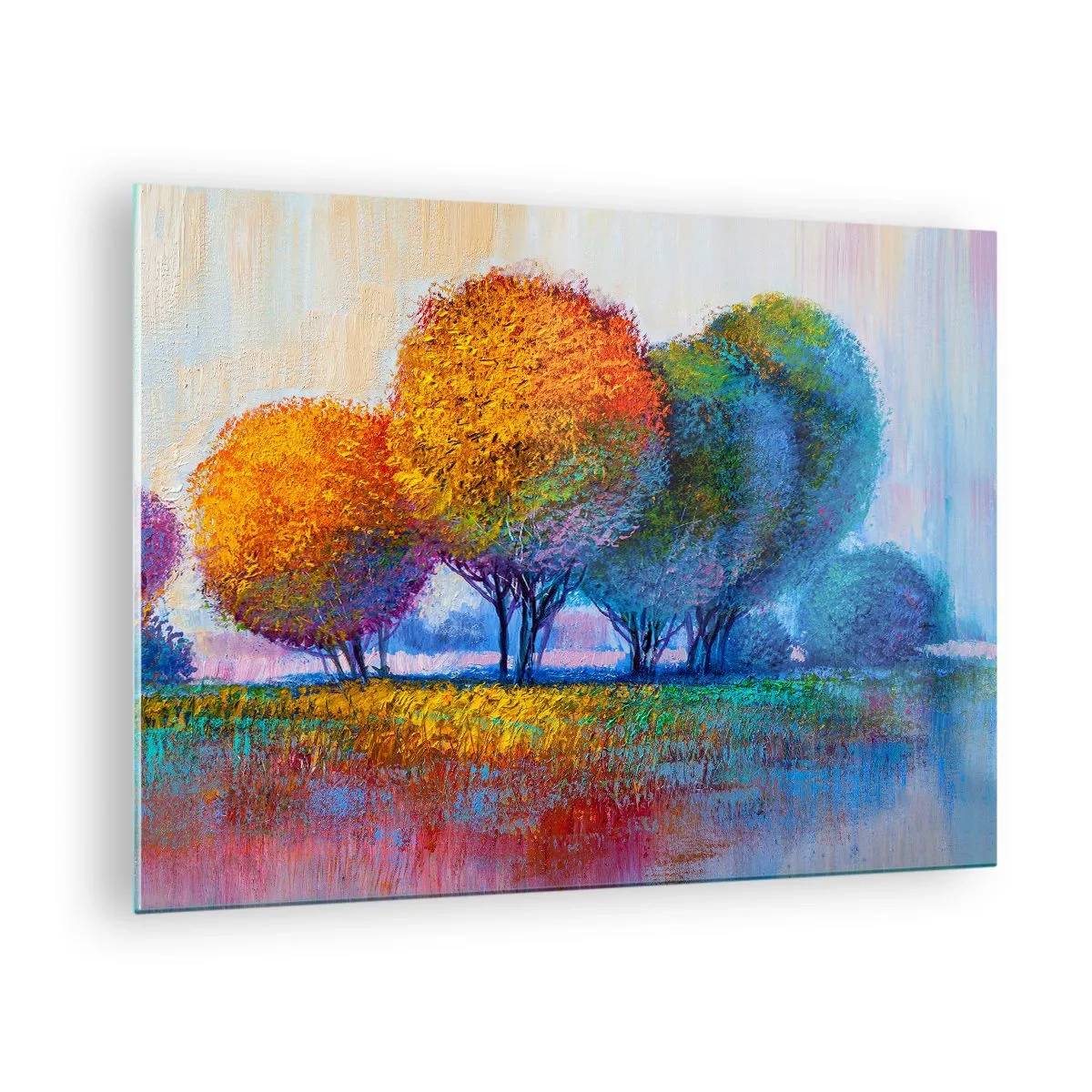 Billede på glas - Farverige træer i efterårsfarver mod en blå himmel - 70x50cm - En klump af piskende farver - Moderne vægdekoration til stue og soveværelse ARTTOR