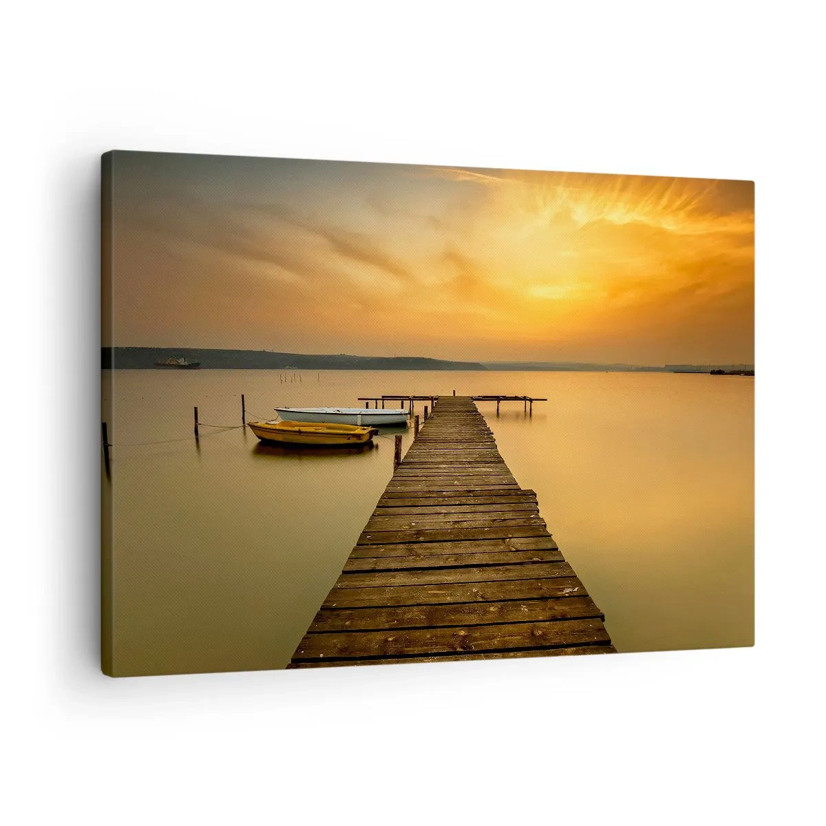Lærredstryk - Billede på lærred - Træbro og både på søen ved solnedgang - 70x50cm - Jeg vil åbne den gyldne himmel for dig - Moderne vægdekoration til stue og soveværelse ARTTOR