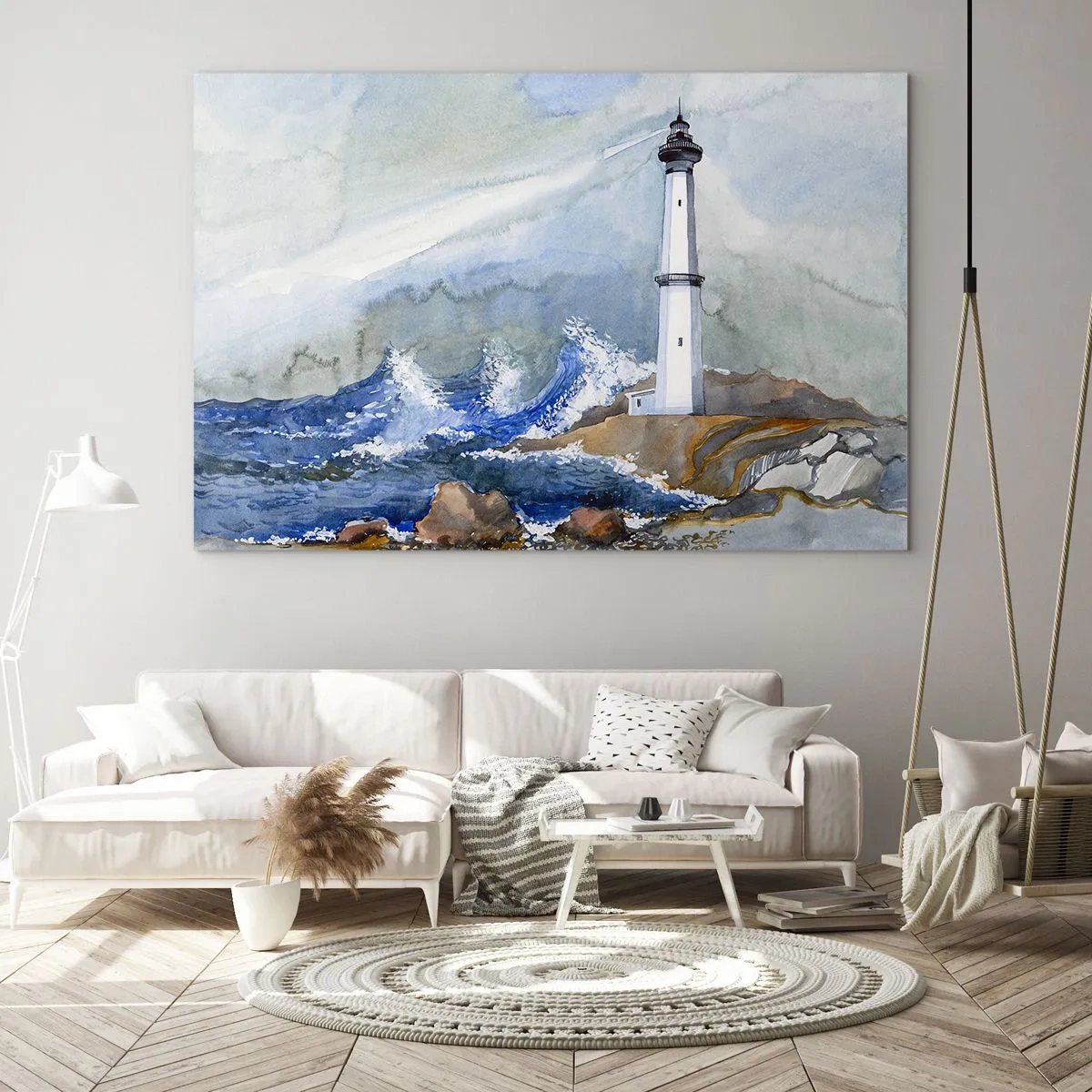 Billede på glas - Et fyrtårn ved et stormfuldt hav i akvarelstil - 70x50cm - Mod mørket og stormen - Moderne vægdekoration til stue og soveværelse ARTTOR
