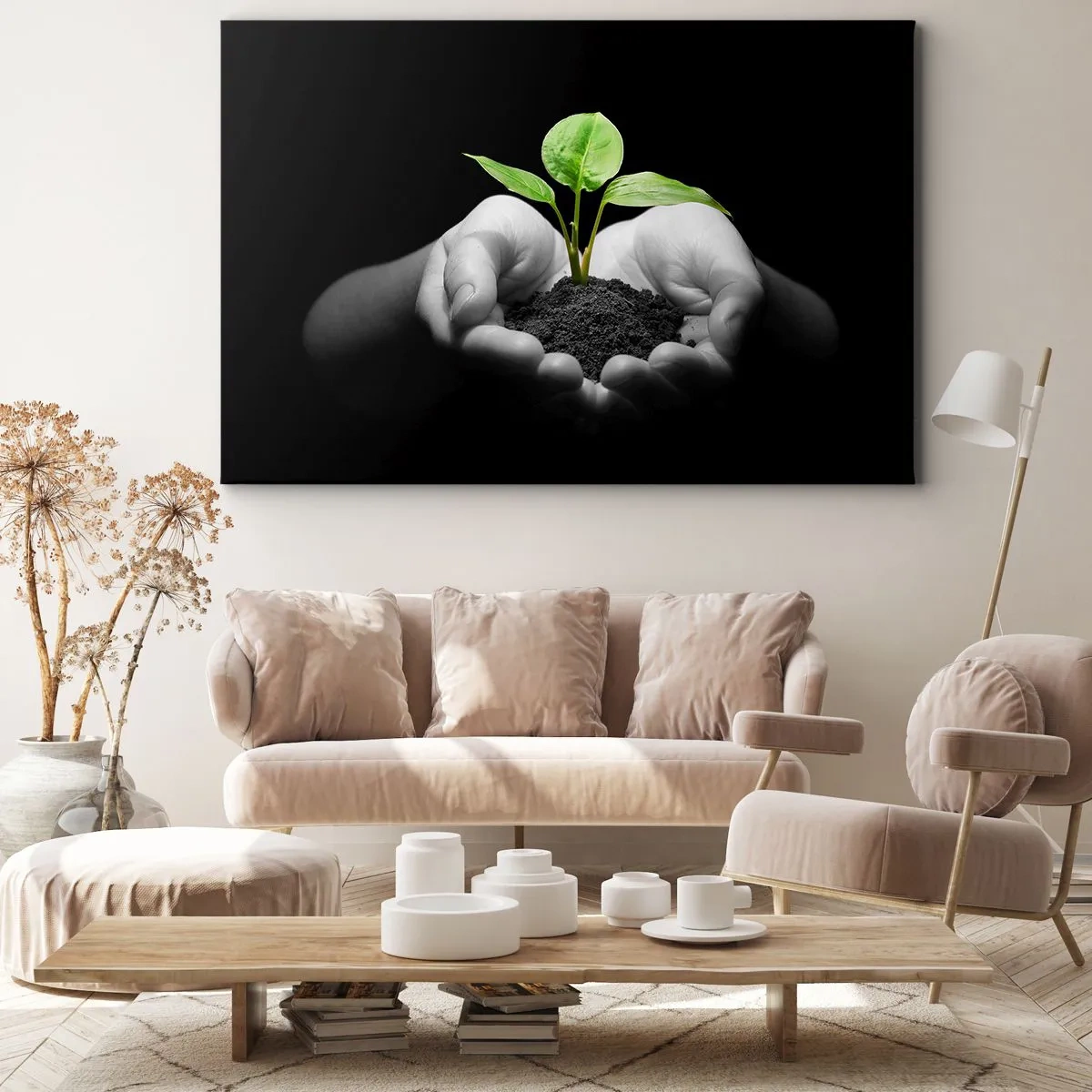 Lærredstryk - Billede på lærred - Hænder, der holder en grøn plante på en sort baggrund - 70x50cm - Jeg elsker naturen, jeg beskytter den - Moderne vægdekoration til stue og soveværelse ARTTOR