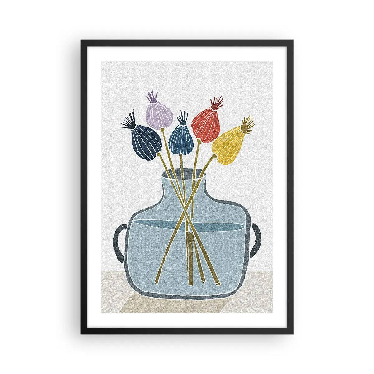 Plakat i sort ramme - En minimalistisk komposition af valmuehoveder i en glasvase - 50x70cm - Som et valmuefrø - Moderne vægdekoration til stue og soveværelse ARTTOR