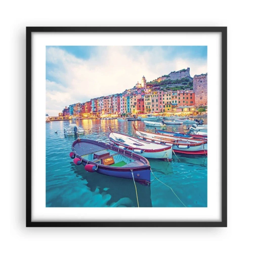 Plakat i sort ramme - En farverig aften i havnen - 50x50 cm