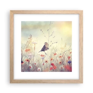 Plakat i ramme af lyst egetræ - Fugleportræt med en eng i baggrunden - 30x30 cm