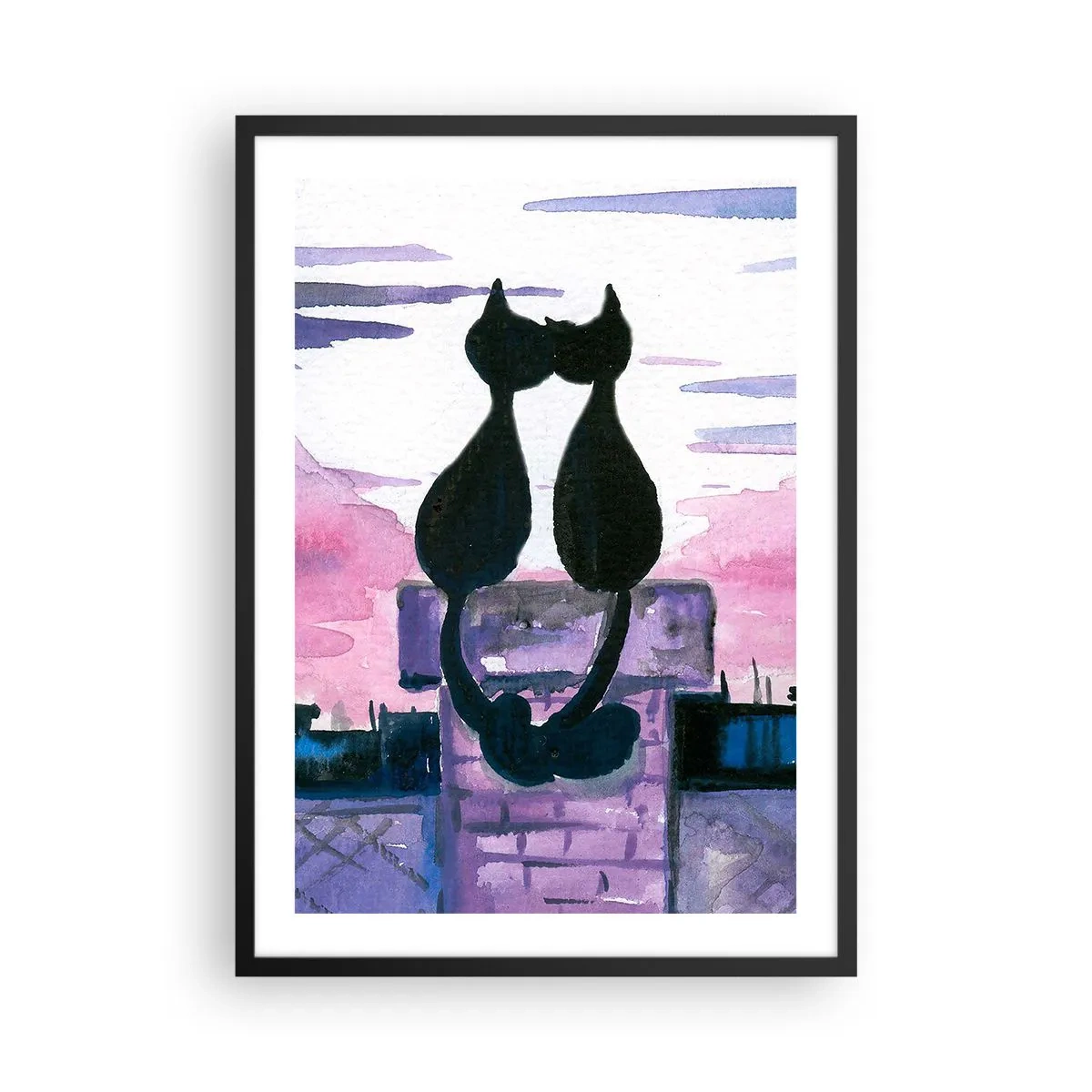 Plakat i sort ramme - To sorte katte mod en lyserød-lilla himmel - 50x70cm - Rendez-vous under månen - Moderne vægdekoration til stue og soveværelse ARTTOR