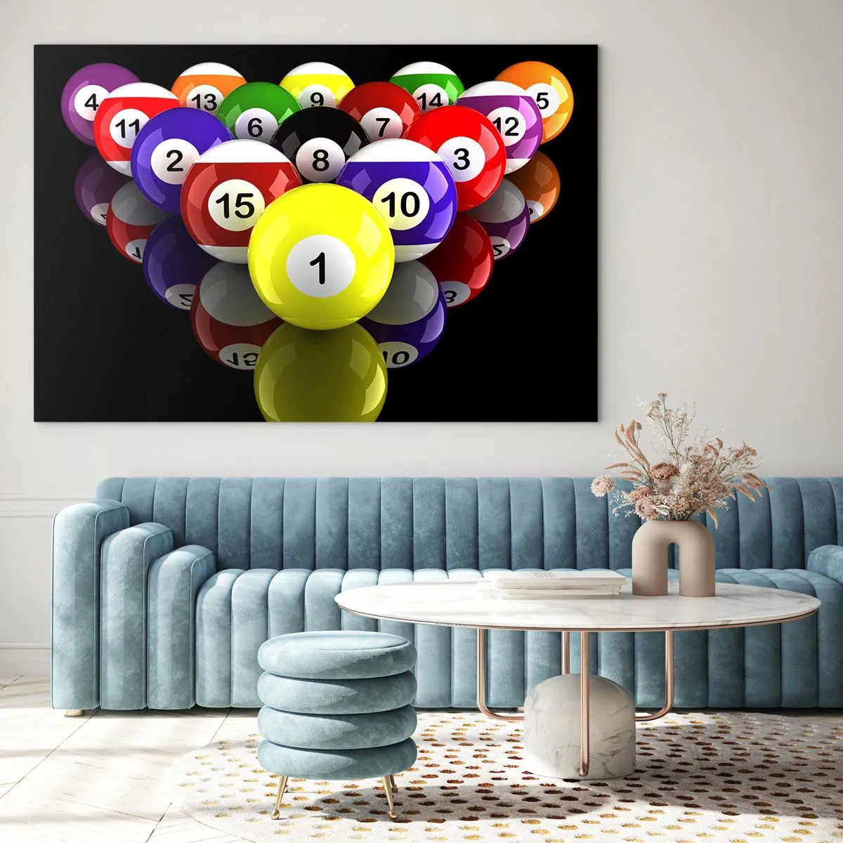 Billede på glas - Farverige billardkugler arrangeret på en sort baggrund - 70x50cm - Forskellige farver af leg - Moderne vægdekoration til stue og soveværelse ARTTOR