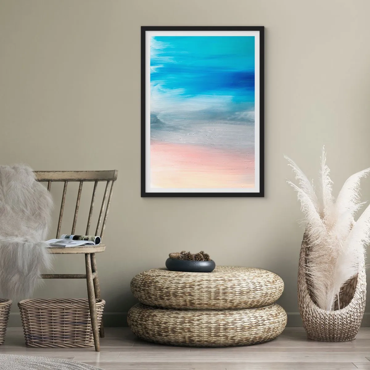 Plakat i sort ramme - En abstrakt komposition i nuancer af blå, grå og beige. - 50x70cm - Elementer: luft - Moderne vægdekoration til stue og soveværelse ARTTOR