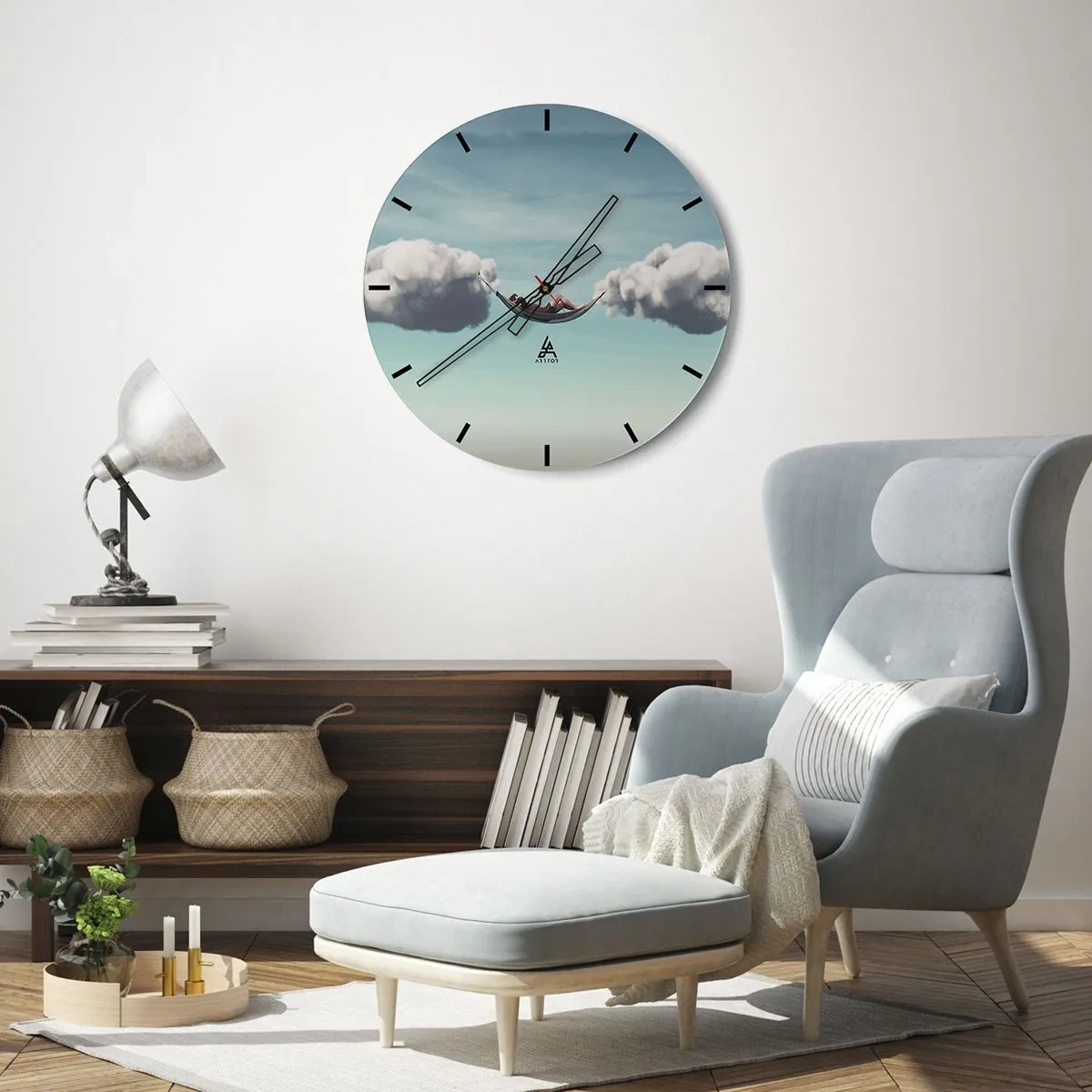 Vægur, Uret - En hængekøje hængende i skyerne - 30x30cm - Lykken i øjeblikket - Moderne vægdekoration til stue, køkken og soveværelse ARTTOR