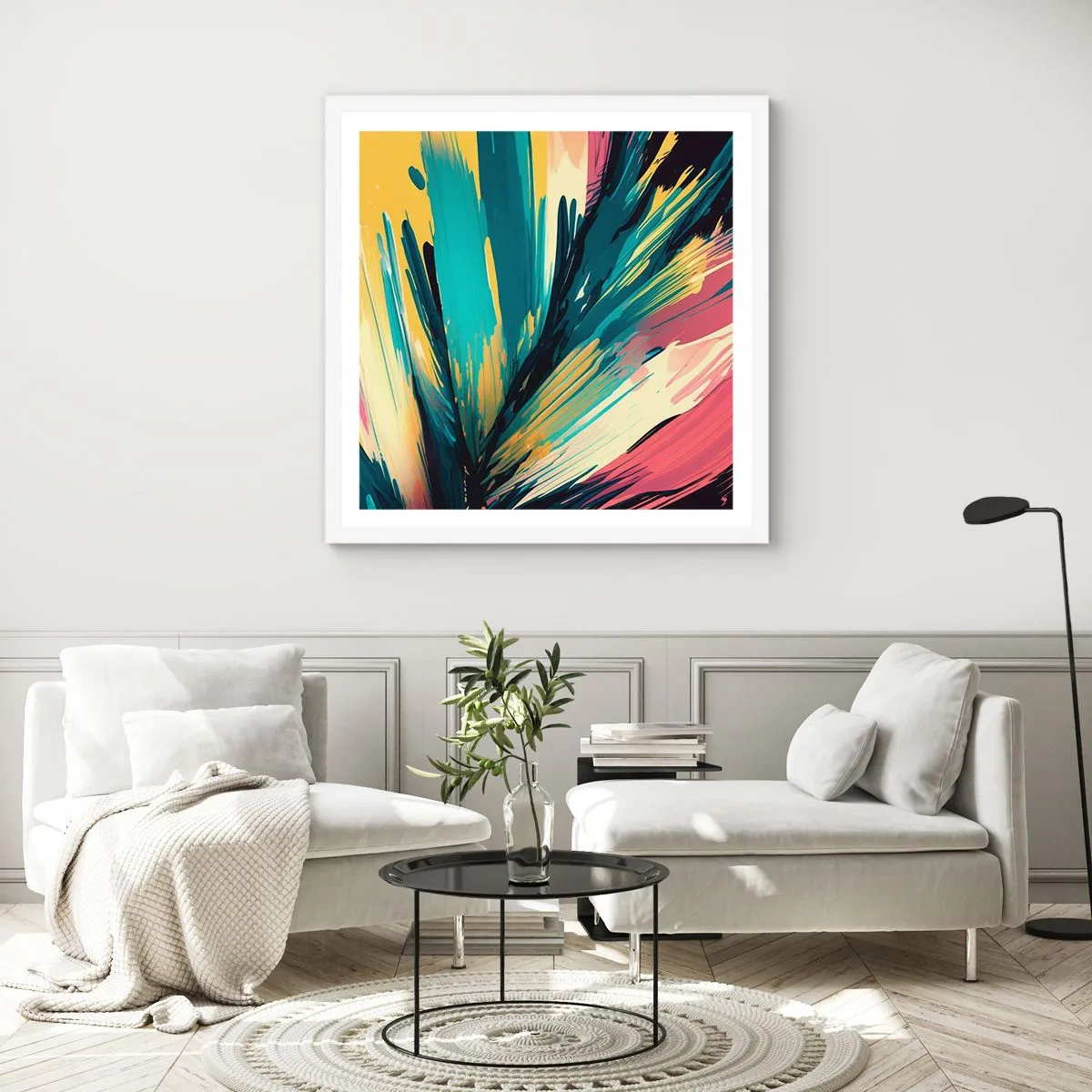 Plakat i hvid ramme - Komposition - en eksplosion af glæde - 50x50 cm