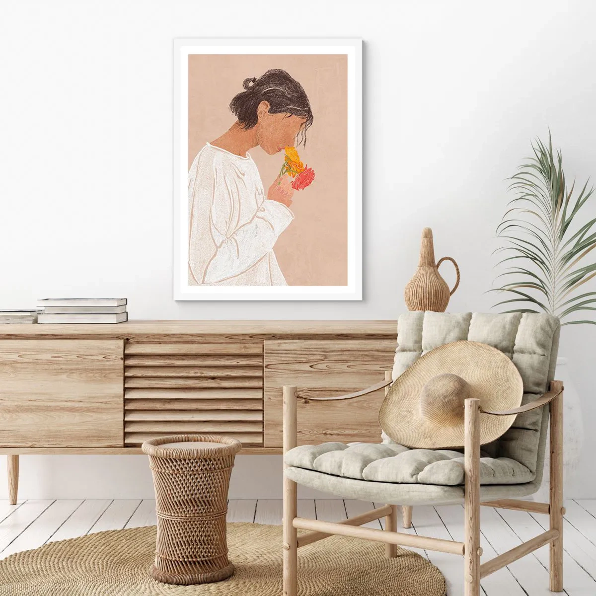 Plakat i hvid ramme - Pige og blomster - 61x91 cm