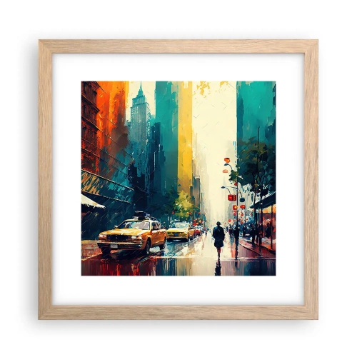 Plakat i ramme af lyst egetræ - New York - her er selv regnen farverig - 30x30 cm