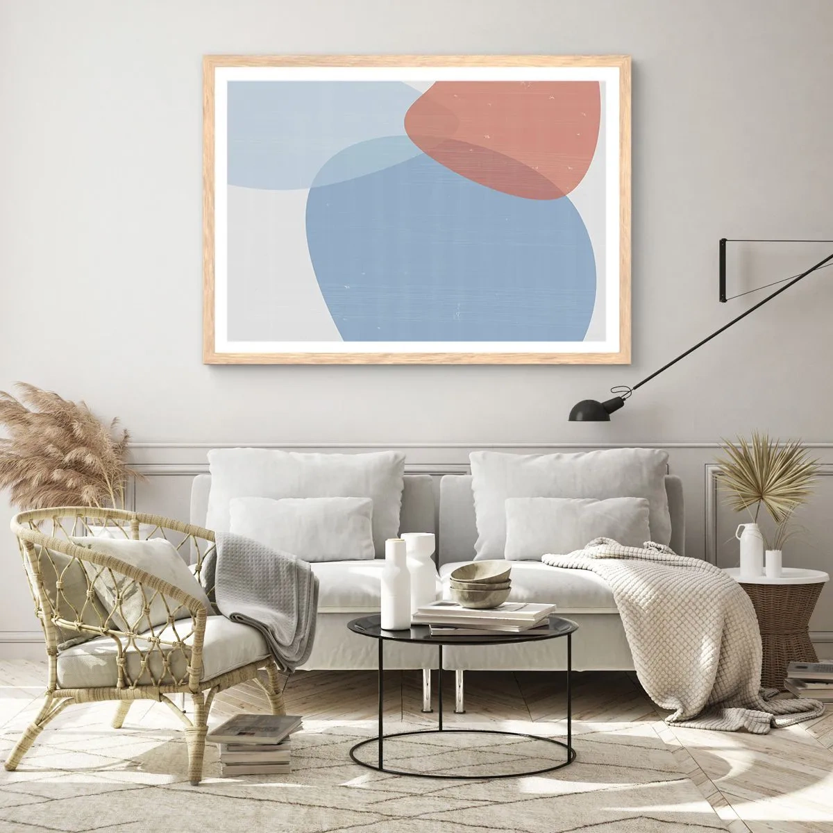 Plakat i ramme af lyst egetræ - Pastelfarvede relationer - 100x70 cm