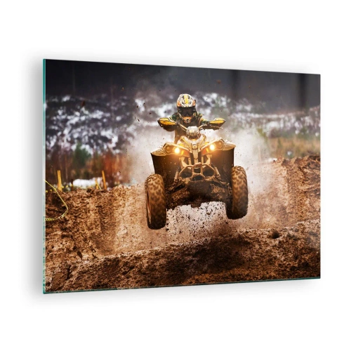 Billede på glas - ATV i aktion på mudret terræn i dynamiske omgivelser - 70x50cm - No risk no fun - Moderne vægdekoration til stue og soveværelse ARTTOR