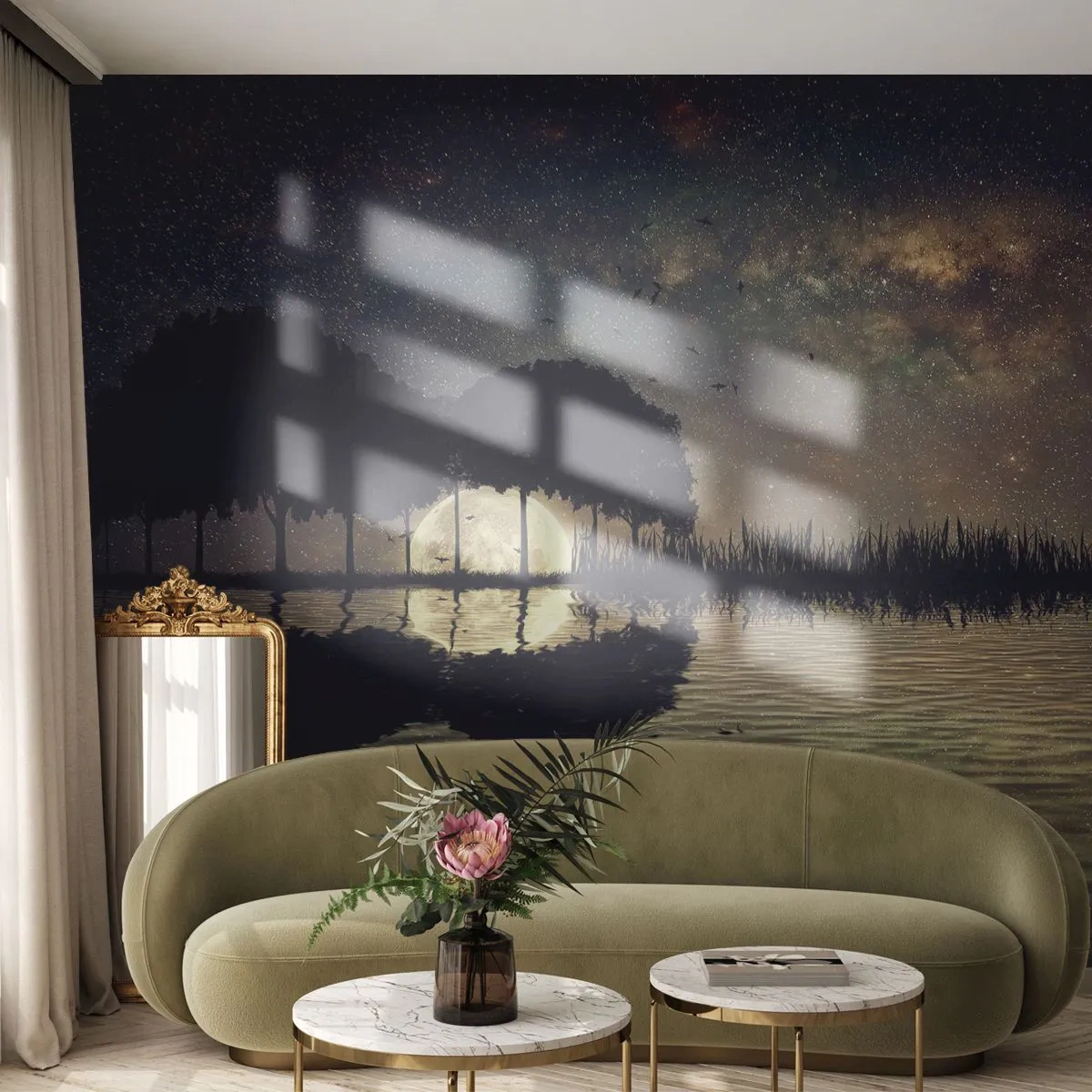 Fototapet Selvklæbende Deluxe Sticker - En nat på kanten af verden - Landskab, Sø, Måne - 200x140 cm