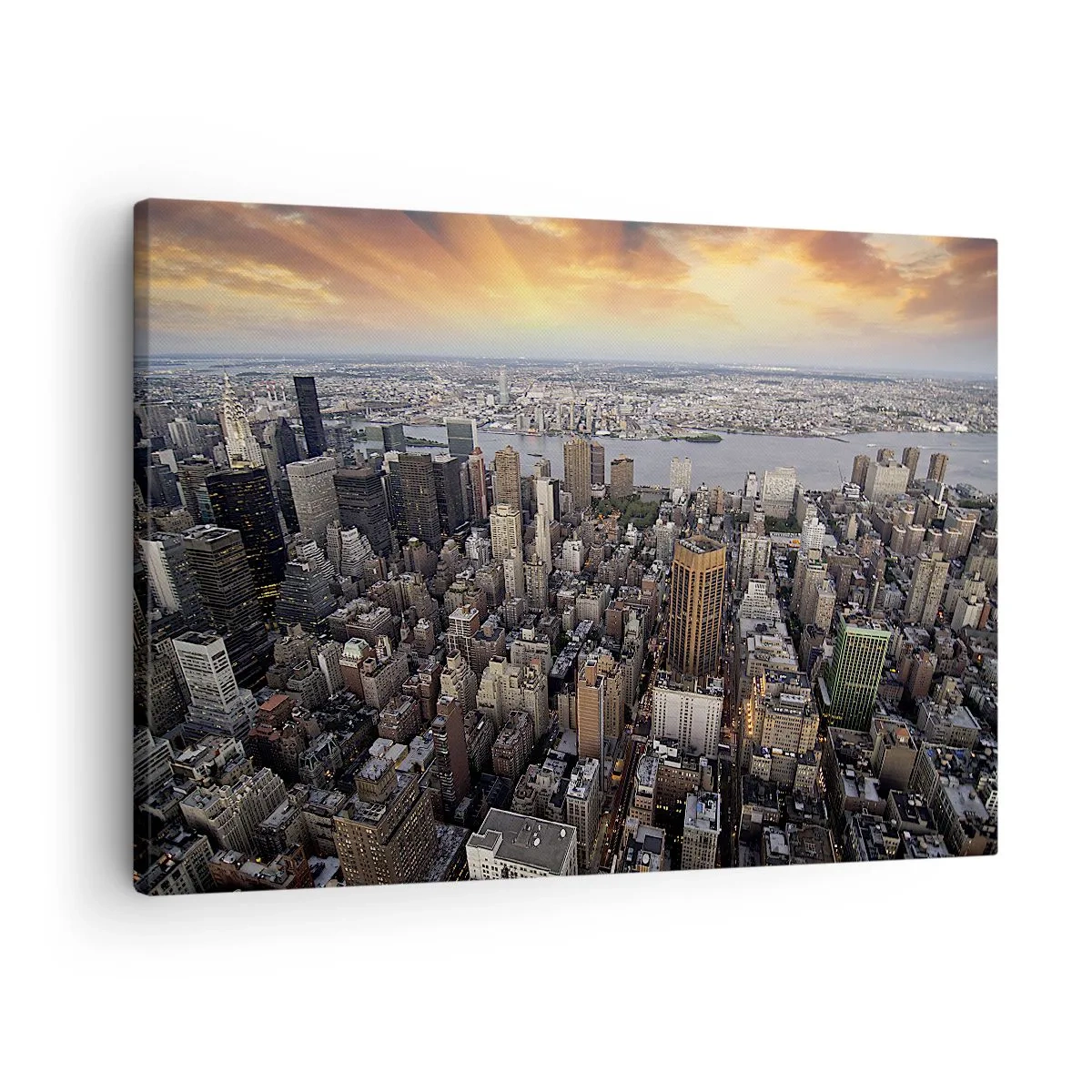 Lærredstryk - Billede på lærred - Udsigt over metropolen med den nedgående sol - 70x50cm - Tidens bankende hjerte - Moderne vægdekoration til stue og soveværelse ARTTOR