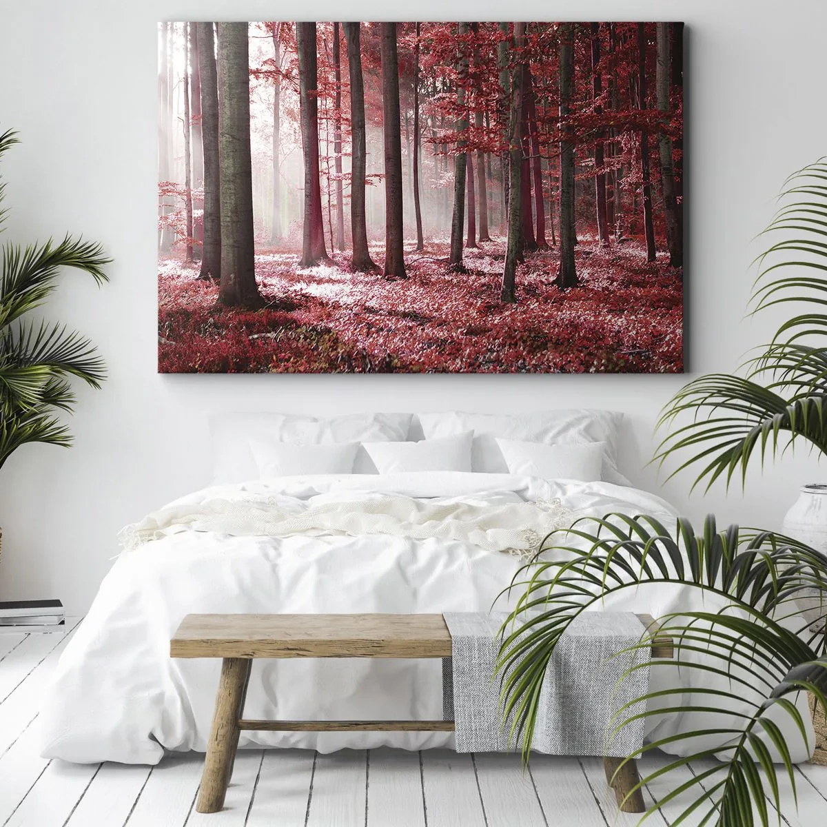 Lærredstryk - Billede på lærred - En fantastisk skov i røde nuancer med lysstråler, der trænger ind gennem træerne - 70x50cm - Rød er lige så smuk - Moderne vægdekoration til stue og soveværelse ARTTOR