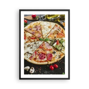 Plakat i sort ramme - Farverig pizza opdelt i forskellige stykker - 50x70cm - Et udvalg af smagsvarianter - Moderne vægdekoration til stue og soveværelse ARTTOR