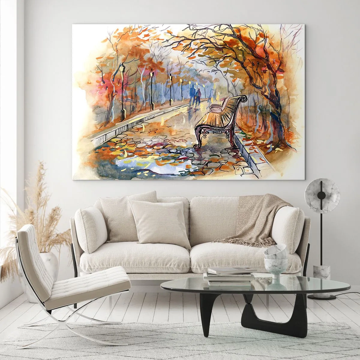 Billede på glas - En efterårsgyde med en bænk i kunstnerisk akvarelstil - 70x50cm - Gå sammen ind i efteråret - Moderne vægdekoration til stue og soveværelse ARTTOR