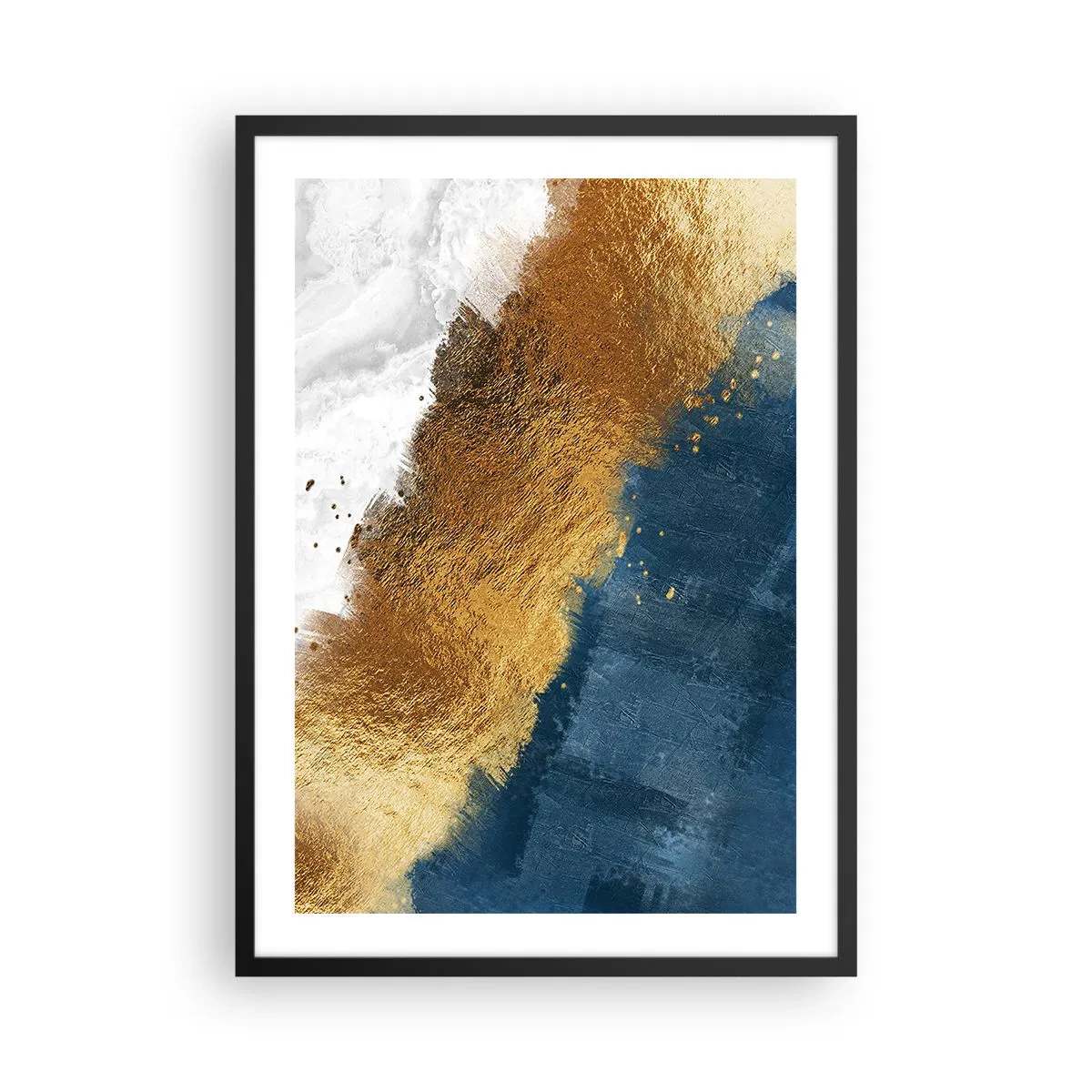 Plakat i sort ramme - En abstrakt komposition af guld, marineblå og hvid - 50x70cm - Sommerens farver - Moderne vægdekoration til stue og soveværelse ARTTOR