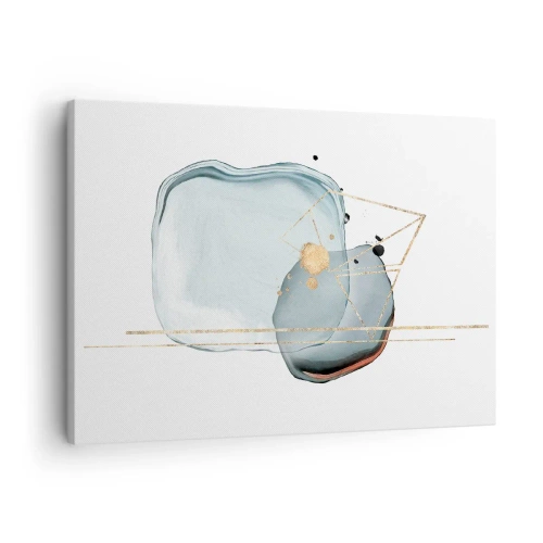 Lærredstryk - Billede på lærred - Abstrakte former i nuancer af blå og guld på en hvid baggrund - 70x50cm - En undersøgelse af dråber - Moderne vægdekoration til stue og soveværelse ARTTOR
