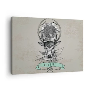 Lærredstryk - Billede på lærred - Hjortegeometri i vintagestil med Wild Life-skrift - 70x50cm - Synet af sankt Hubertus - Moderne vægdekoration til stue og soveværelse ARTTOR